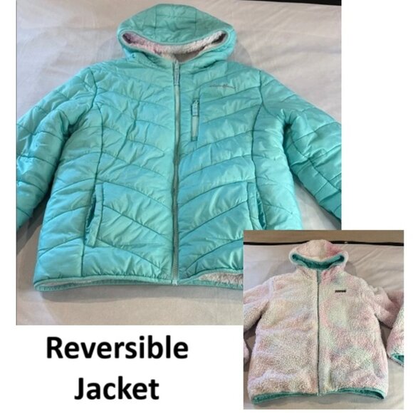 Eddie Bauer Girls' Reversible Jacket - Teal, Deer Harbor Waterproof Puffer - Picture 1 of 13